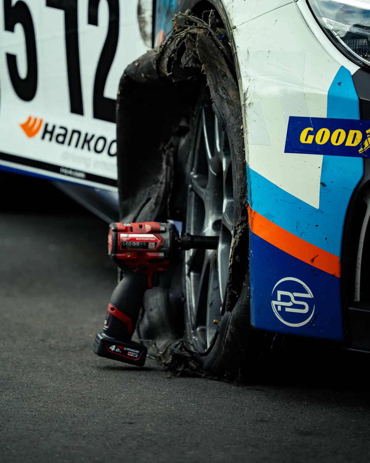 The failed front tyre on the M240i after RCN 7
